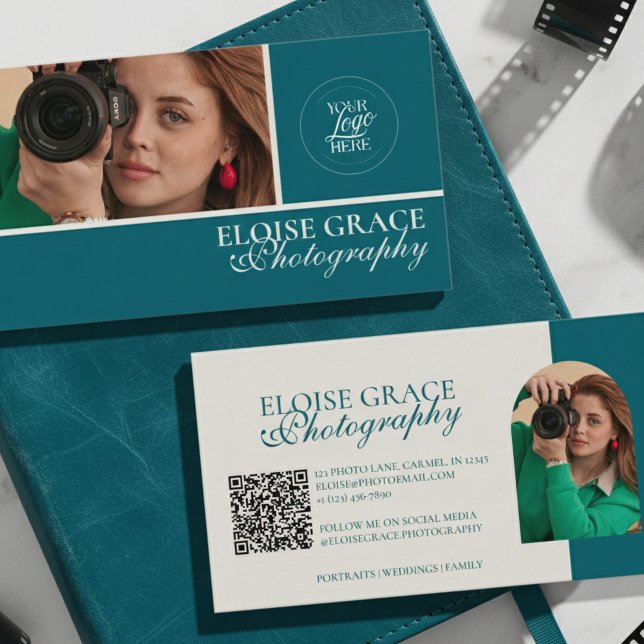 Turquoise Modern Photo Photographer QR Code Business Card (This modern business card features horizontal headshot photo and qr code!)