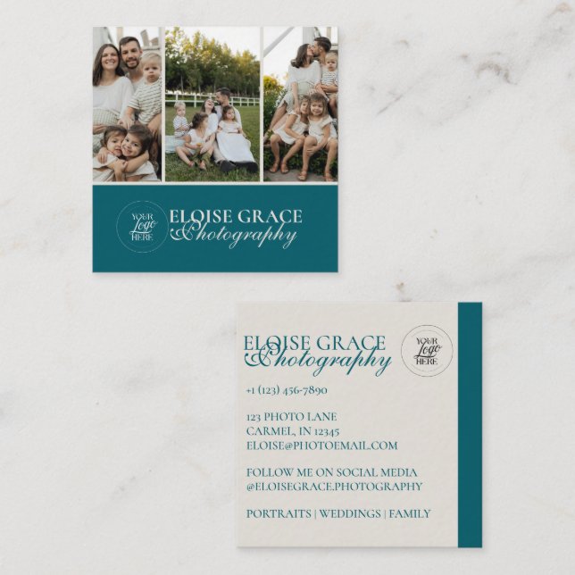 Turquoise Modern Photography 3 Photo Square Business Card (Front/Back)