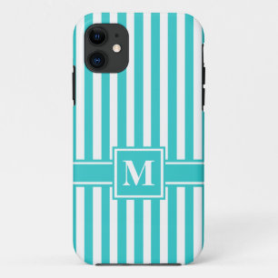 Turquoise Modern Stripe with Monogram iPhone 11 Case