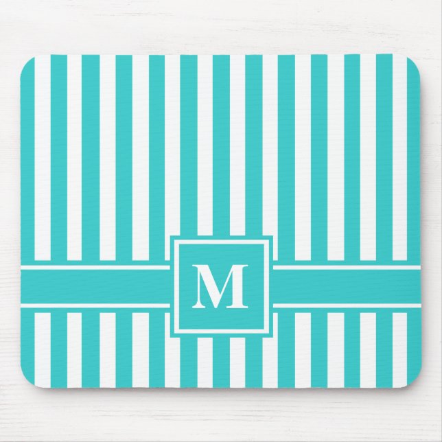 Turquoise Modern Stripe with Monogram Mouse Mat (Front)
