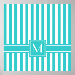 Turquoise Modern Stripe with Monogram Poster