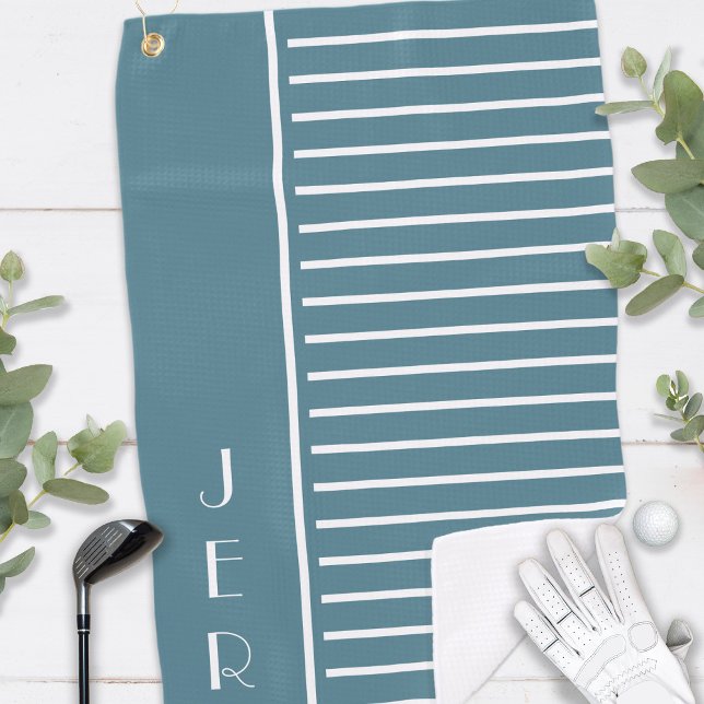 Turquoise Modern Stripes | Golf Custom Initials Towel (Stylish Turquoise Modern Stripes Golfer Custom Monogrammed Initials Golf Towel For Him or For Her)
