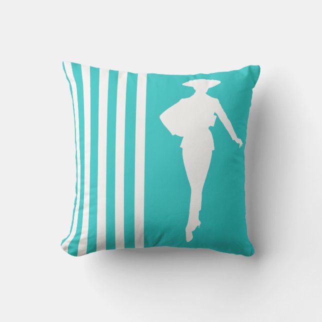 Turquoise Modern Stripes with Fashion Silhouette Cushion (Front)