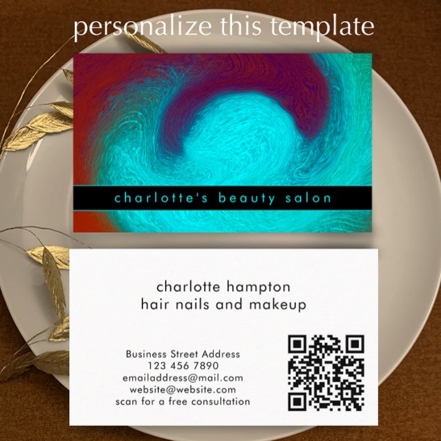 Turquoise Modern Unique Hair Nail Salon Custom Business Card (Creator Uploaded)