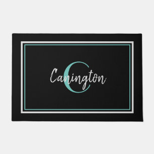 Turquoise Monogram and Family Name New Home Black Doormat