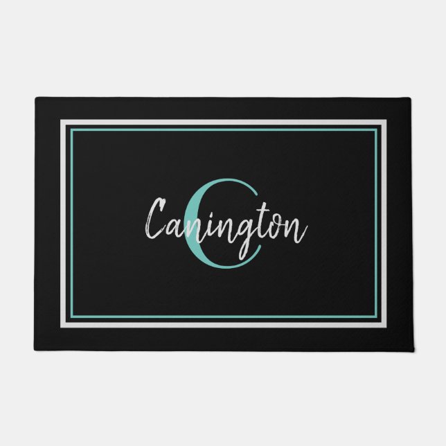Turquoise Monogram and Family Name New Home Black Doormat (Front)