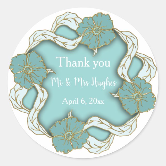 Turquoise Monogram floral wedding  thank you Classic Round Sticker (Front)