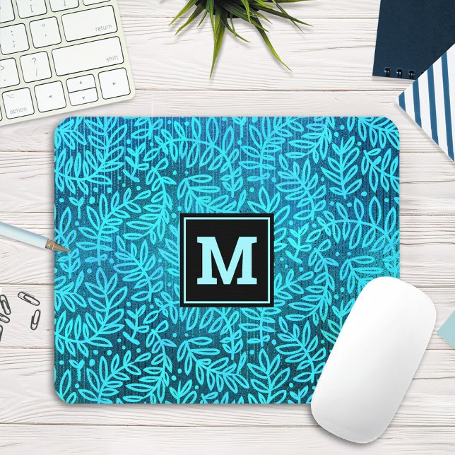 Turquoise monogram foliage leaves pattern modern mouse mat (Creator Uploaded)