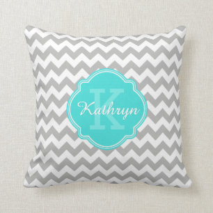 Turquoise Monogram Grey Chevron Pattern Cushion
