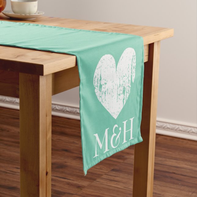 Turquoise monogram heart table runner for wedding (In Situ)