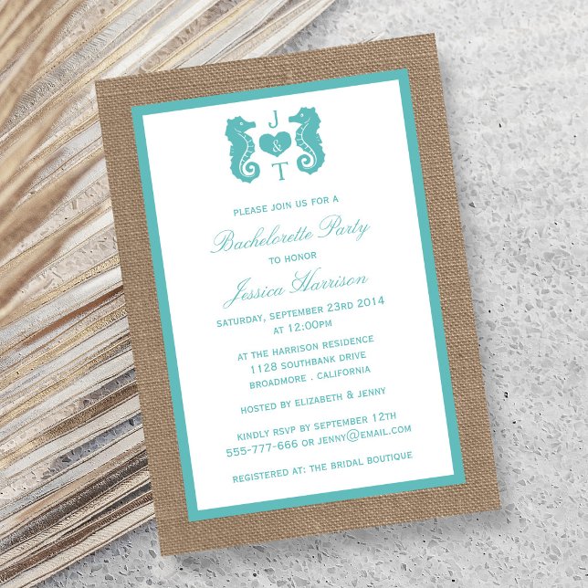 Turquoise Monogram Seahorse Beach Bachelorette Invitation (Creator Uploaded)
