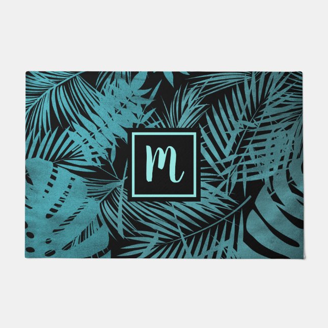 Turquoise monogram tropical palm pattern modern doormat (Front)