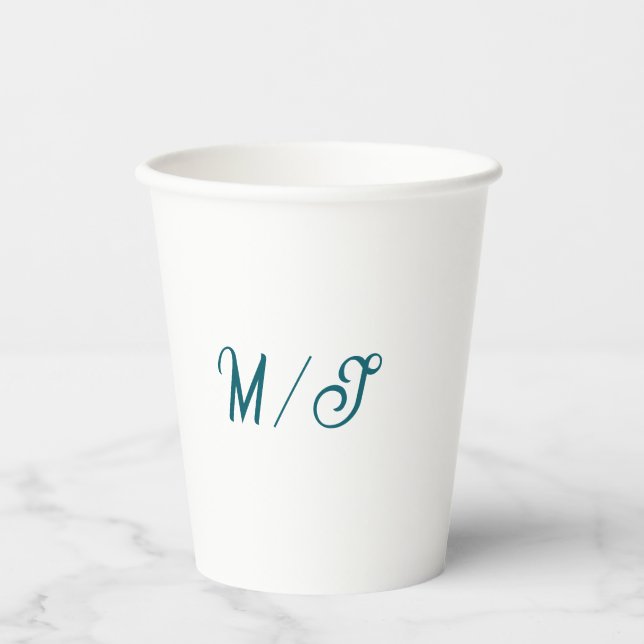 Turquoise monogram wedding couple name simple styl paper cups (Front)