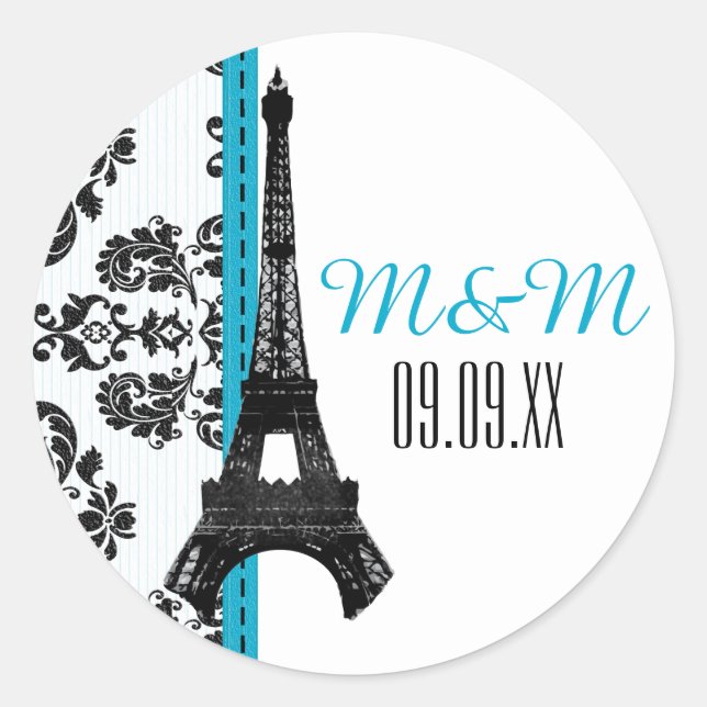 Turquoise Monogrammed Damask Eiffel Tower Wedding Classic Round Sticker (Front)
