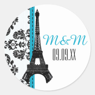 Turquoise Monogrammed Damask Eiffel Tower Wedding Classic Round Sticker