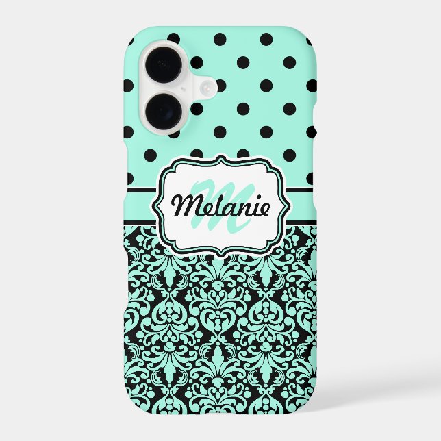 Turquoise Monogrammed Damask Polka Dots Pattern (Back)