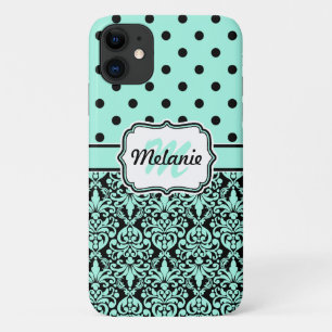 Turquoise Monogrammed Damask Polka Dots Pattern iPhone 11 Case