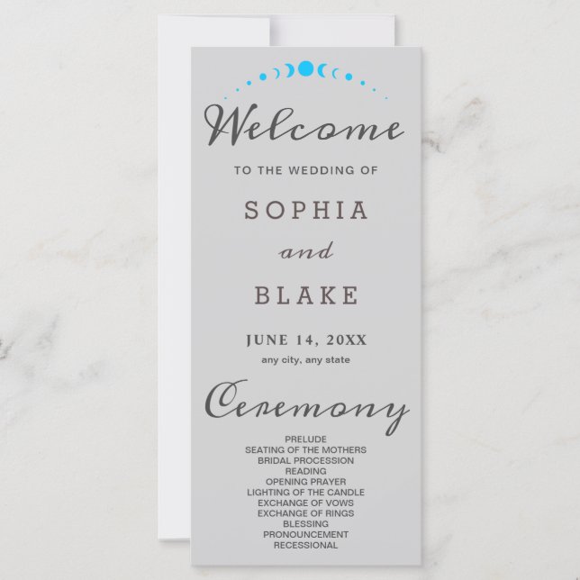 Turquoise Moon Phases Light Grey Wedding Program (Front)