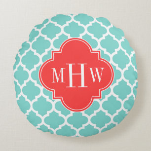 Turquoise Moroccan #5 Coral Red 3 Initial Monogram Round Cushion