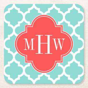 Turquoise Moroccan #5 Coral Red 3 Initial Monogram Square Paper Coaster