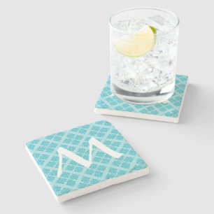 Turquoise Moroccan Damask with Monogram Stone Coaster