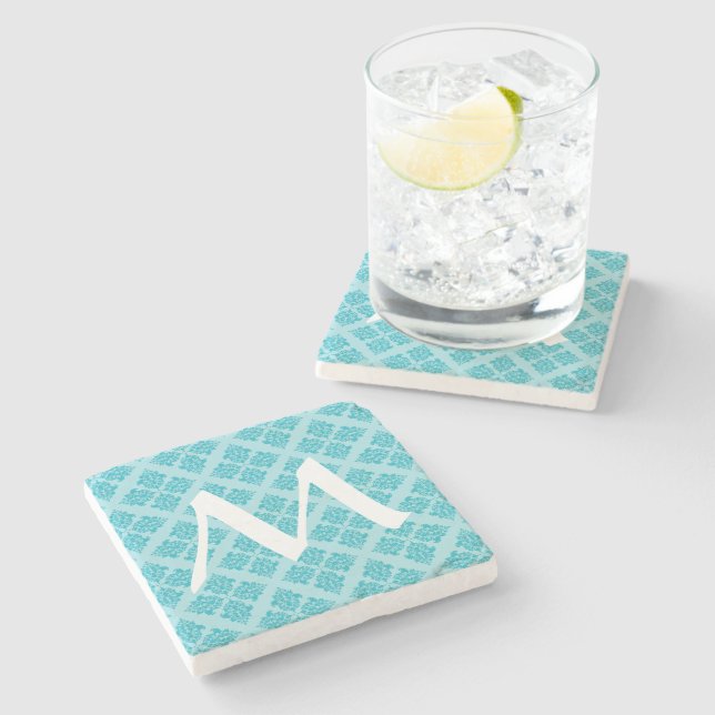 Turquoise Moroccan Damask with Monogram Stone Coaster (Side)