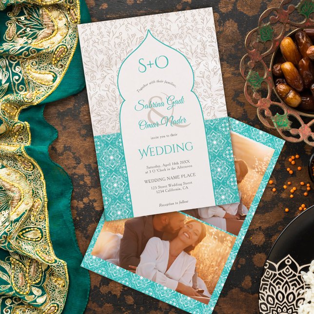 Turquoise Moroccan floral initials 3 photo wedding Invitation (Creator Uploaded)