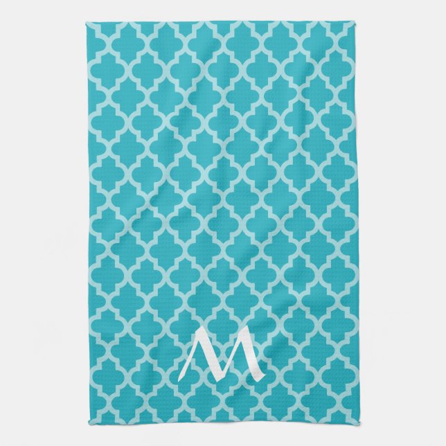 Turquoise Moroccan Moods Quatrefoil with Initial Tea Towel (Vertical)