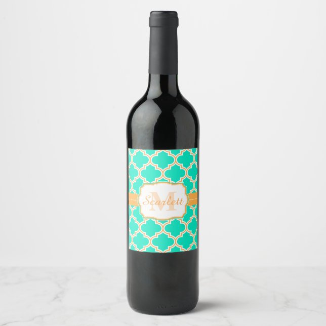 Turquoise Moroccan Quatrefoil Wine Label (Front)