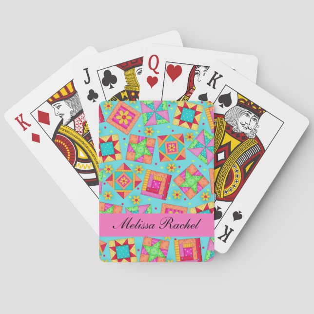 Turquoise Multi-colour Quilt Patchwork Blocks Playing Cards (Back)