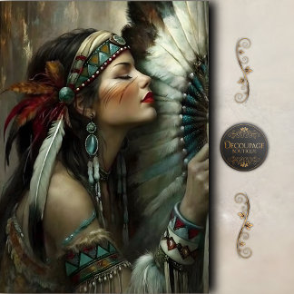 Turquoise Native Woman Fan Decoupage Tissue Paper