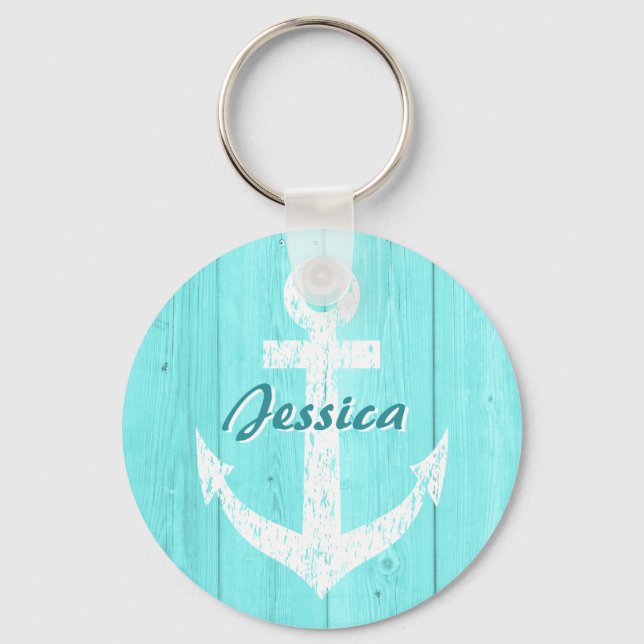 Turquoise nautical boat anchor keychain with name (Front)