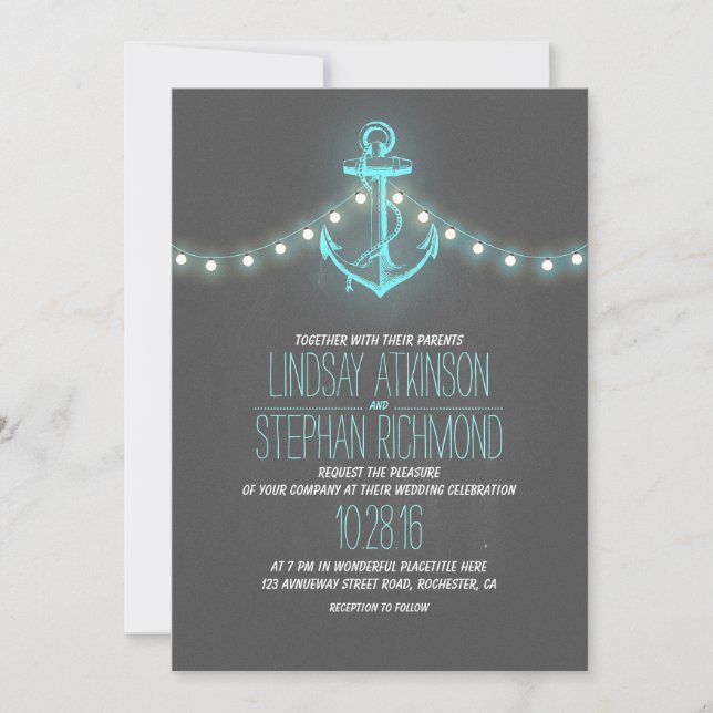 turquoise nautical chalkboard anchor wedding invitation (Front)
