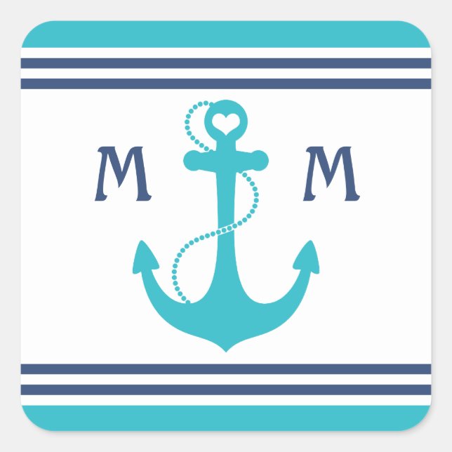 Turquoise Nautical Heart Anchor Square Sticker (Front)