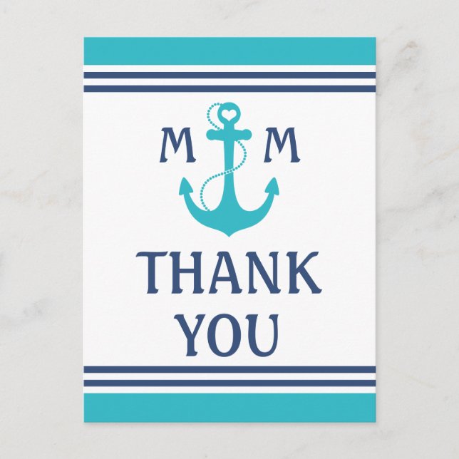 Turquoise Nautical Heart Anchor Thank You Postcard (Front)
