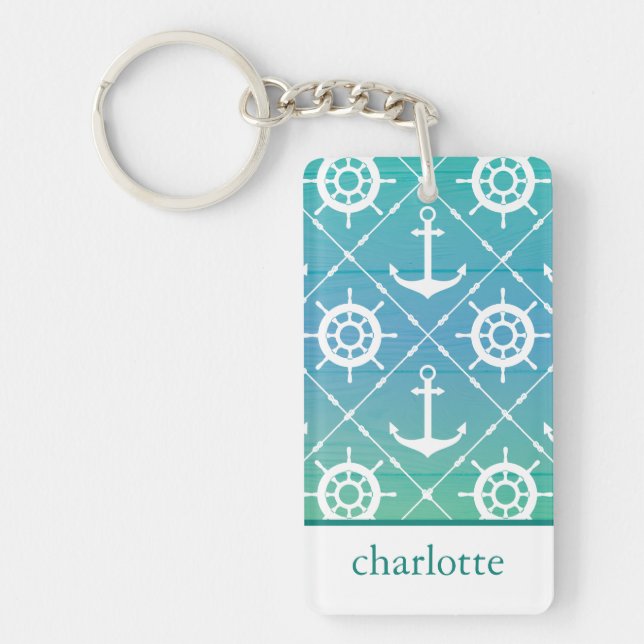 Turquoise Nautical Monogram design Key Ring (Front)