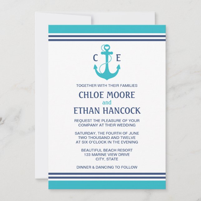 Turquoise Nautical Wedding Invitations (Front)