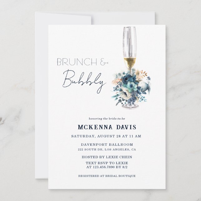Turquoise Navy Blue Floral Brunch and Bubbly Invitation (Front)