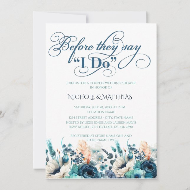 Turquoise Navy Blue Floral Couples Wedding Shower Invitation (Front)