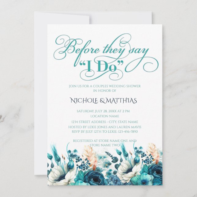 Turquoise Navy Blue Floral Couples Wedding Shower Invitation (Front)
