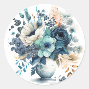 Turquoise Navy Blue Floral Wedding  Classic Round Sticker