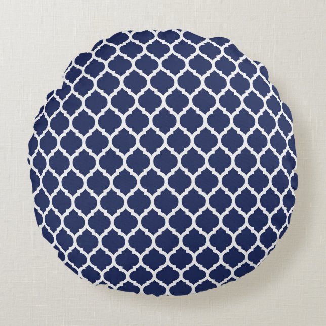 Turquoise Navy Blue Moroccan Quatrefoil Pattern Round Cushion (Front)