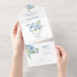 Turquoise & Navy Blue Watercolor Floral All In One Invitation