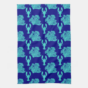 Turquoise Navy Lobster Coastal Pattern Tea Towel