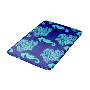 Turquoise Navy Seahorse Coastal Pattern Bath Mat