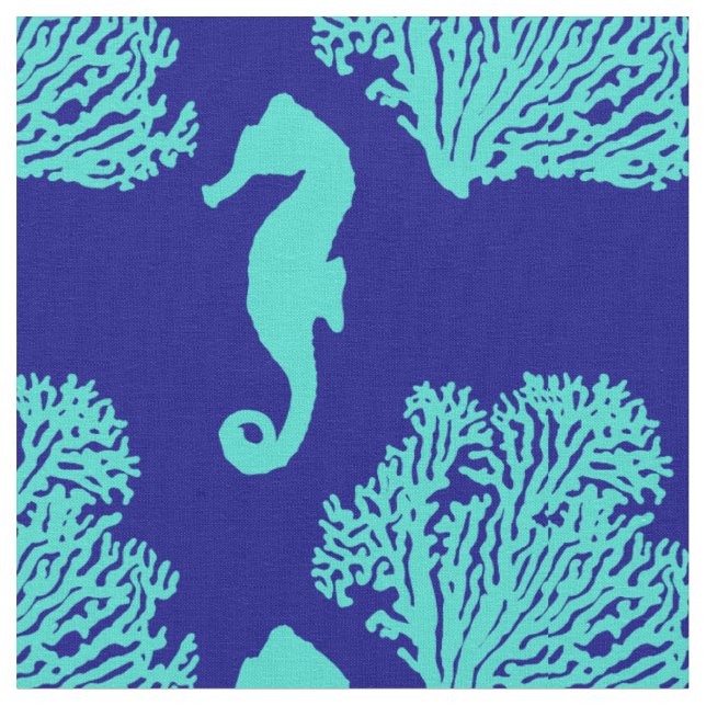 Turquoise Navy Seahorse Coastal Pattern Fabric (Close Up)