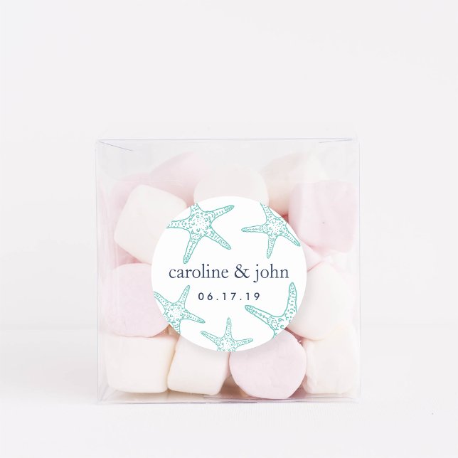 Turquoise & Navy Starfish Personalized Wedding Classic Round Sticker (Creator Uploaded)