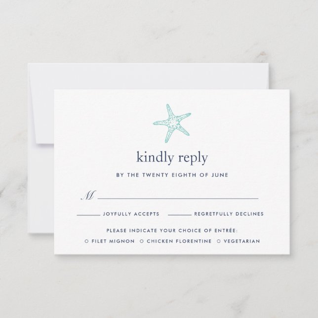 Turquoise & Navy Starfish RSVP Card w/ Meal Choice (Front)