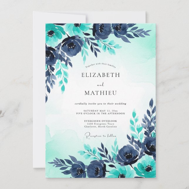Turquoise Navy Watercolor Winter Wedding Invitation (Front)