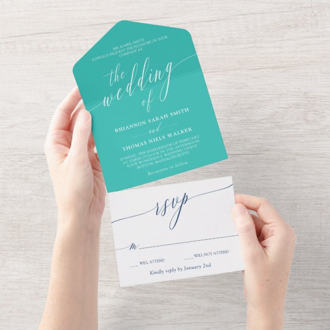 Turquoise Navy White Delicate Calligraphy Wedding All In One Invitation (Tearaway)